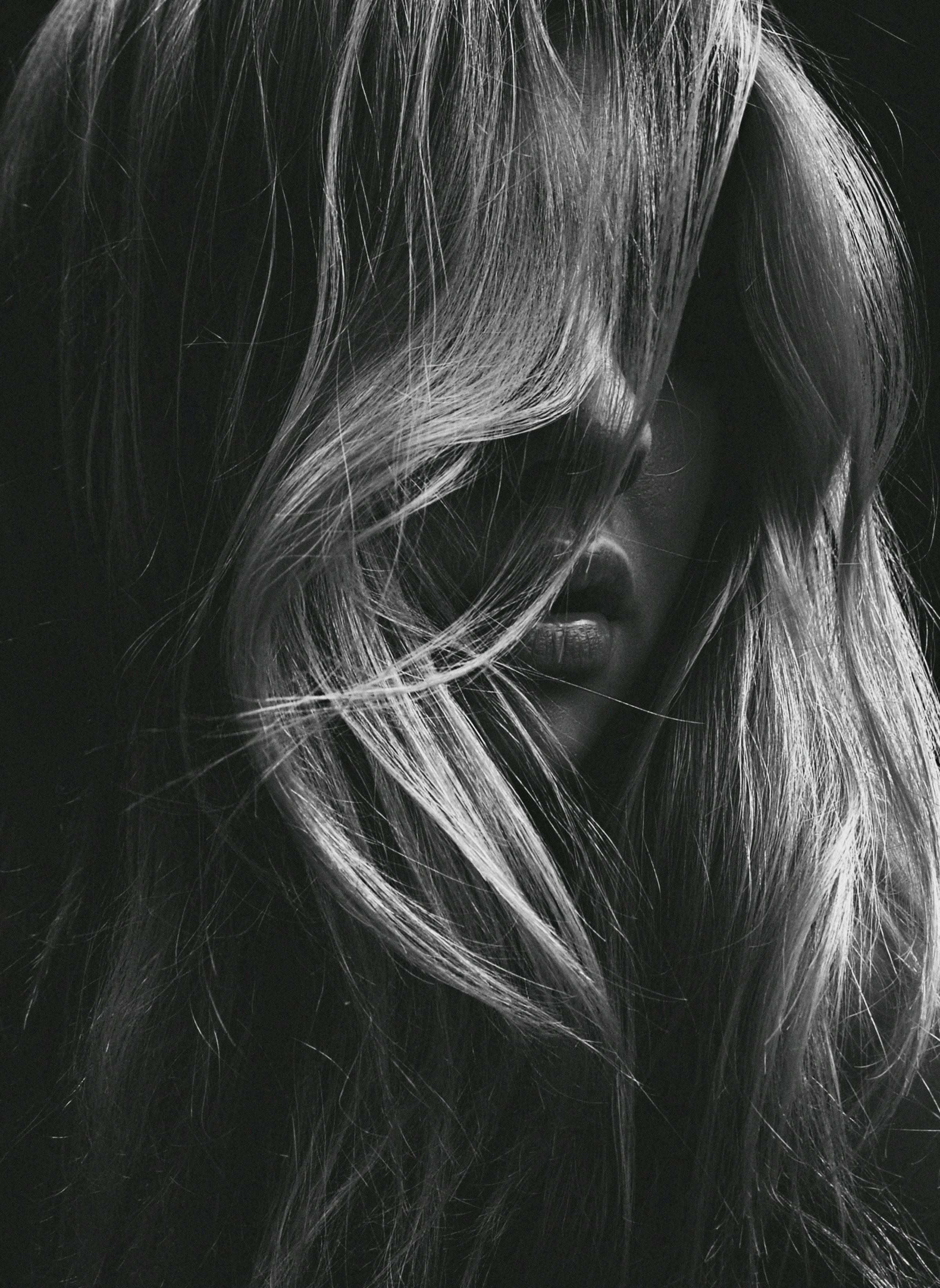 Black and white close-up of styled hair